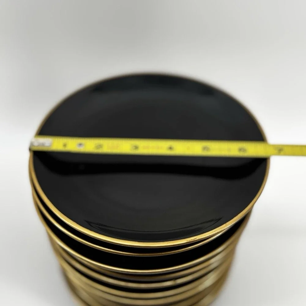 Vintage Japanese Lacquerware  6.5 Inch Plates Black  Gold Trim Set Of 12‎ Sushi